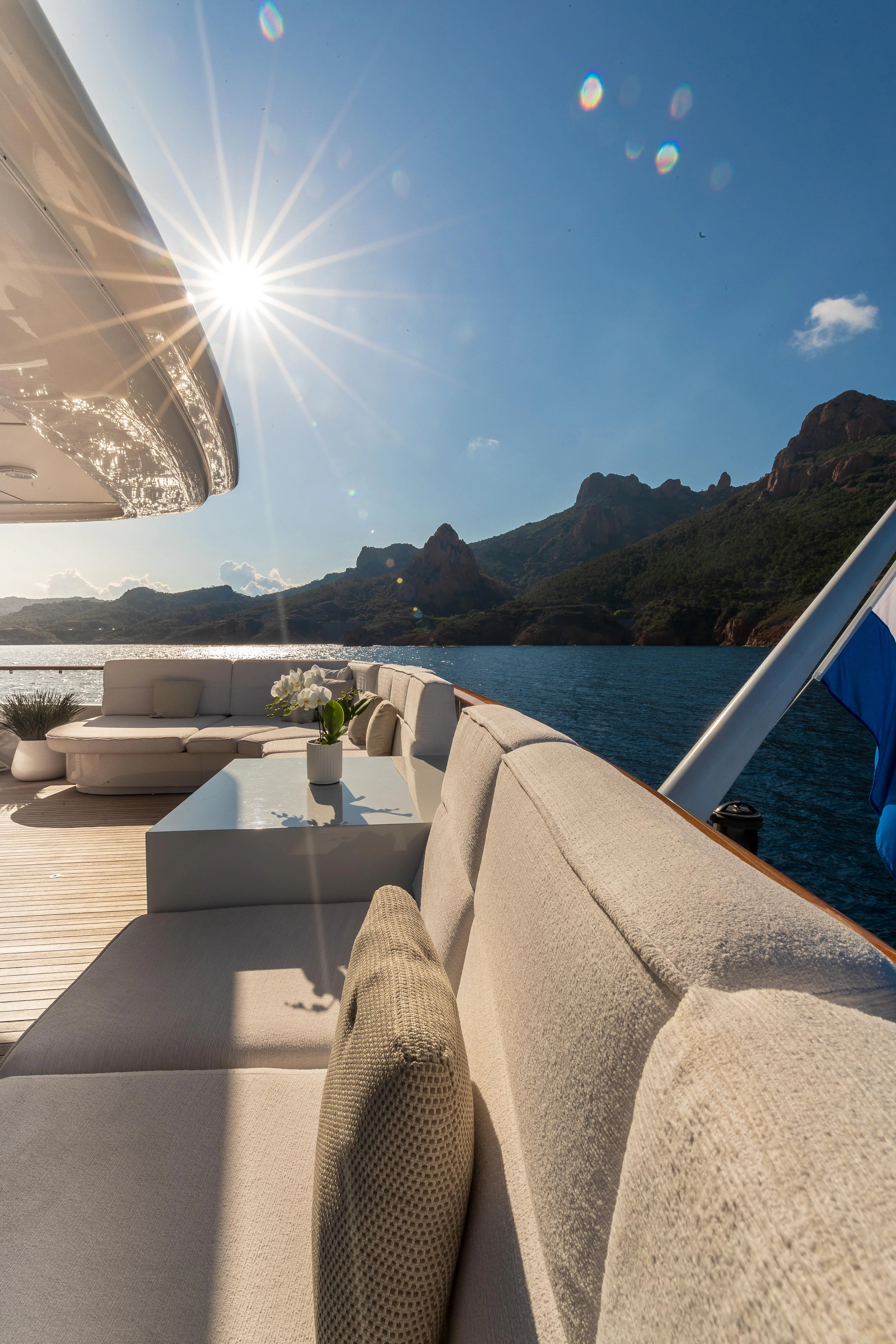 a room with a large body of water and a large fan aboard FRIENDSHIP Yacht for Charter