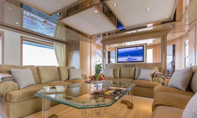 a living room with a large screen aboard FRIENDSHIP Yacht for Charter
