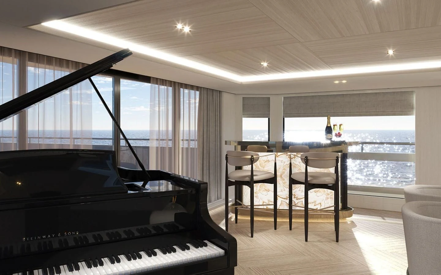 a piano in a room aboard 54M SUPERYACHT HULL Yacht for Sale