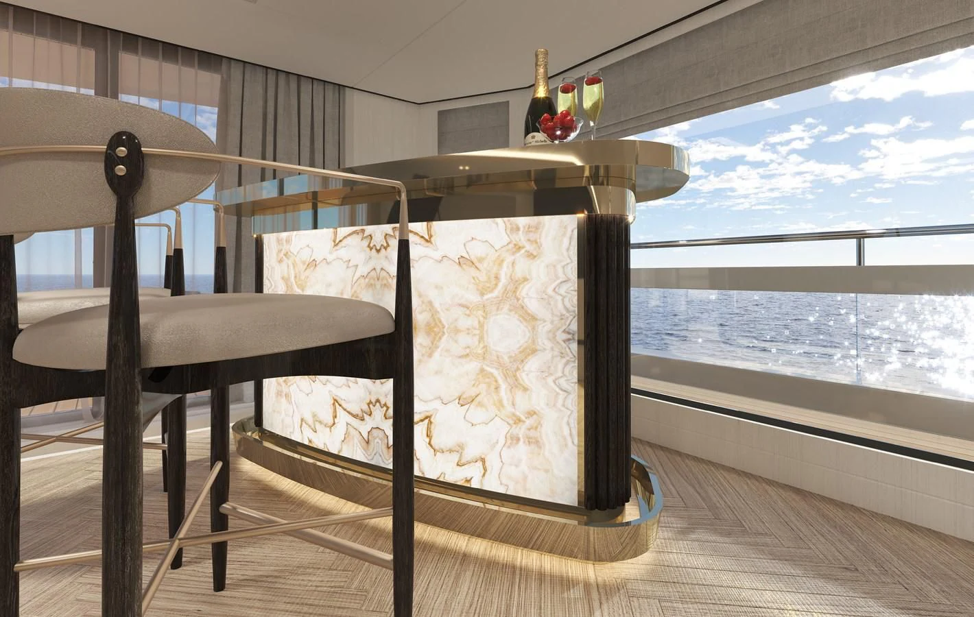 a bed and a table in a room aboard 54M SUPERYACHT HULL Yacht for Sale