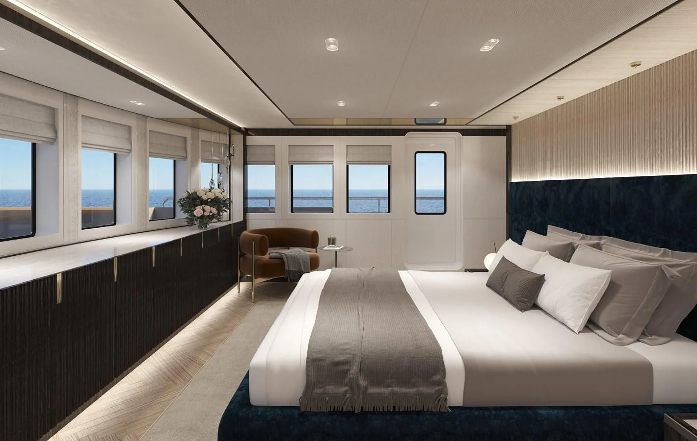 a room with a bed and a chair aboard 54M SUPERYACHT HULL Yacht for Sale