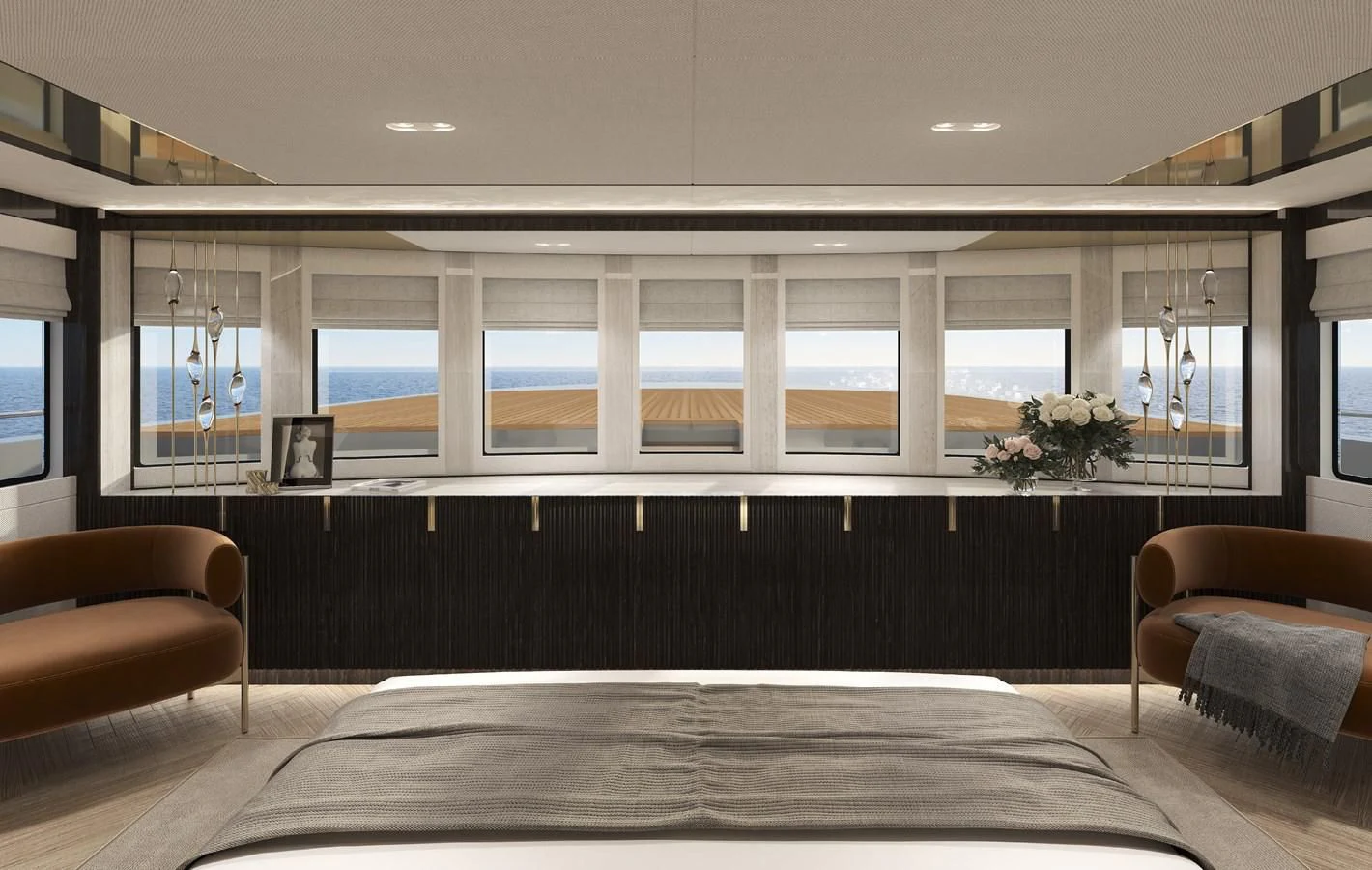 a room with a bed and chairs aboard 54M SUPERYACHT HULL Yacht for Sale