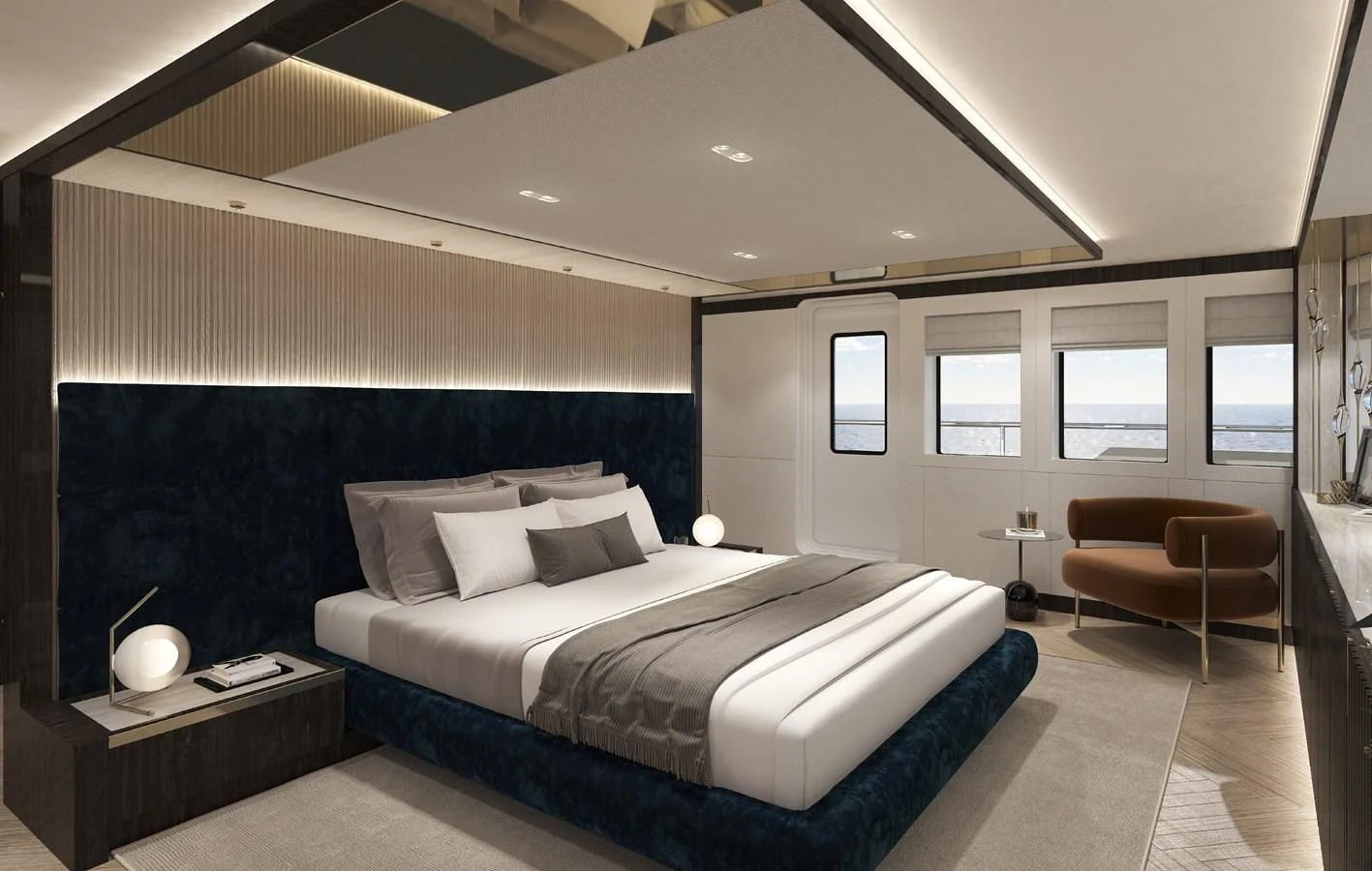 a large bedroom with a large bed aboard 54M SUPERYACHT HULL Yacht for Sale