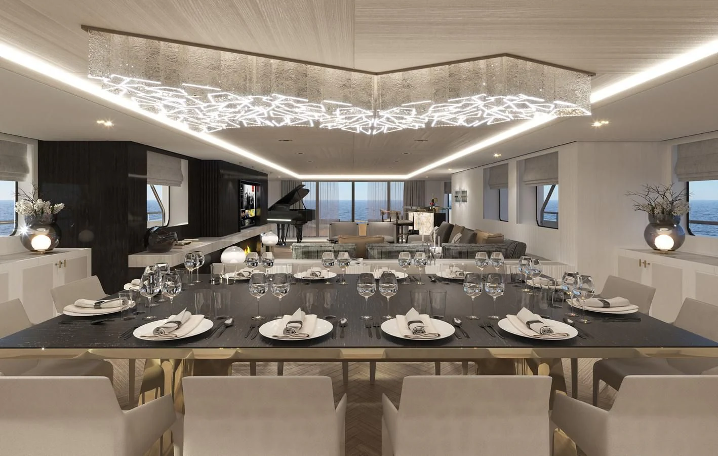 a large dining room with a large table set for a formal dinner aboard 54M SUPERYACHT HULL Yacht for Sale