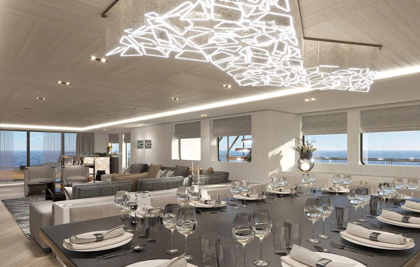 a large room with tables and chairs aboard 54M SUPERYACHT HULL Yacht for Sale