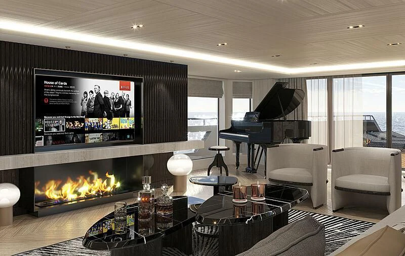 a living room with a fireplace aboard 54M SUPERYACHT HULL Yacht for Sale