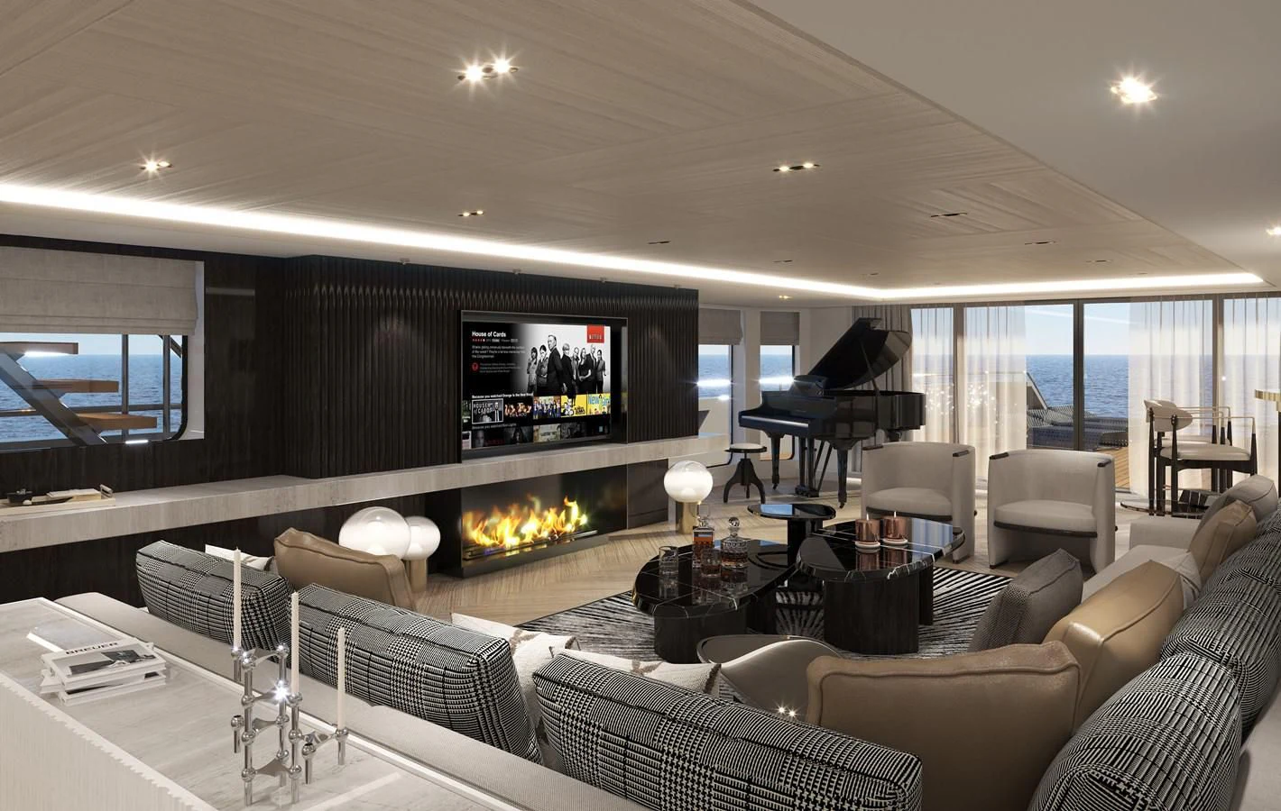 a living room with a fireplace aboard 54M SUPERYACHT HULL Yacht for Sale