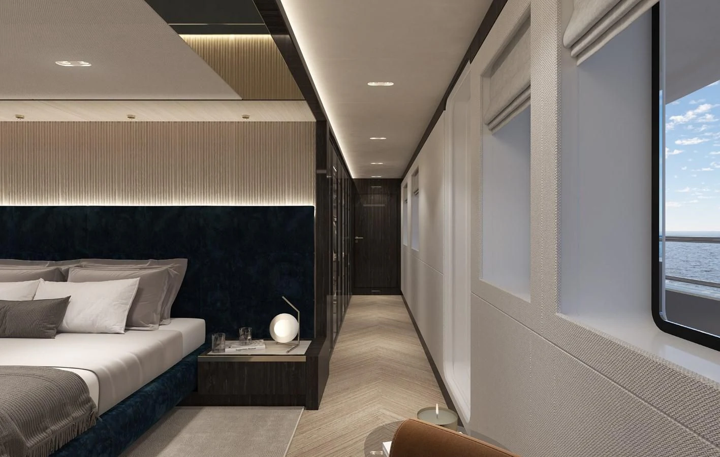a room with a bed and a window aboard 54M SUPERYACHT HULL Yacht for Sale