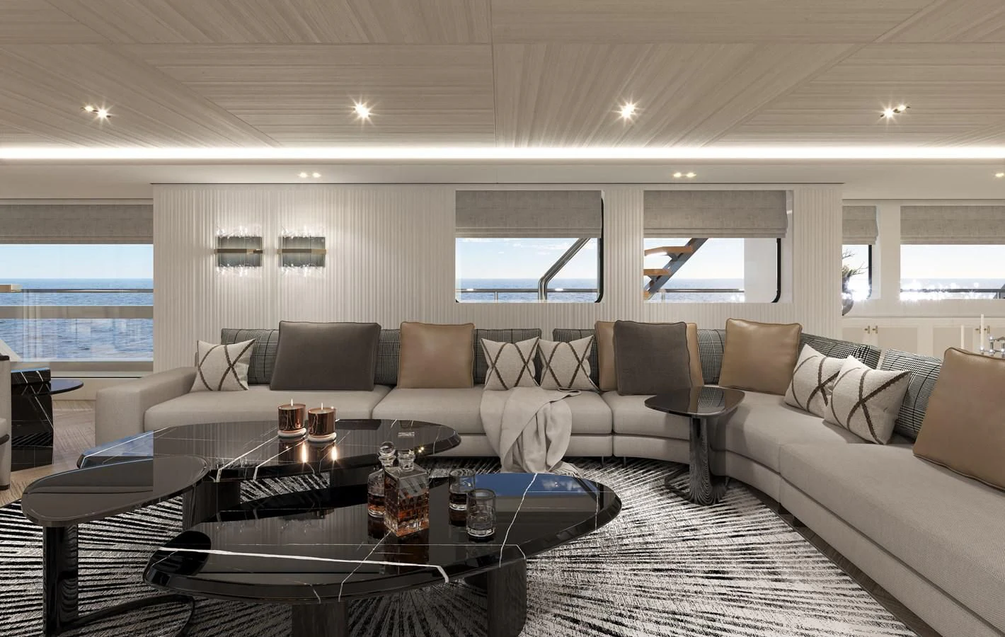 a living room with a couch and coffee table aboard 54M SUPERYACHT HULL Yacht for Sale
