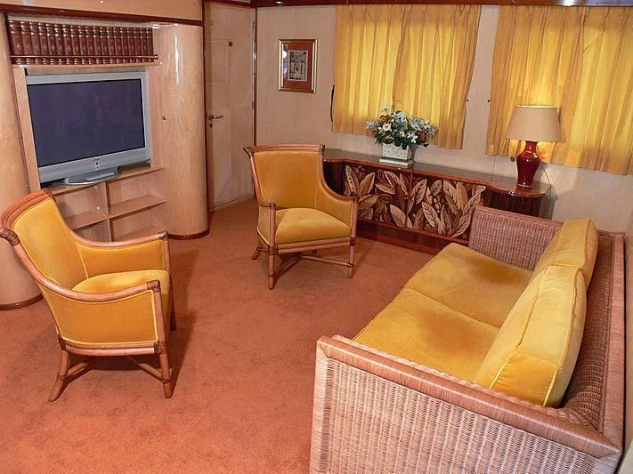 a living room with a tv and furniture aboard 54M SUPERYACHT HULL Yacht for Sale