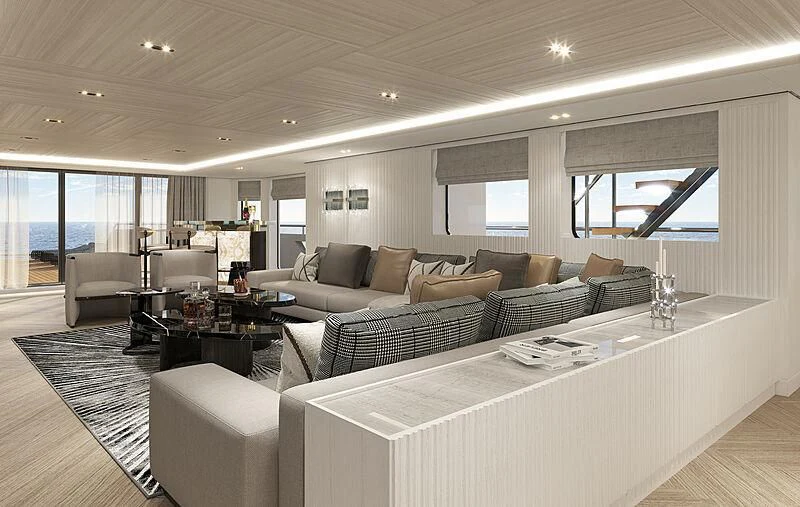a living room with a large white sofa and a large window aboard 54M SUPERYACHT HULL Yacht for Sale