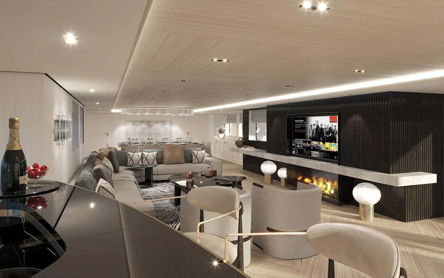 a large living room with a large screen aboard 54M SUPERYACHT HULL Yacht for Sale