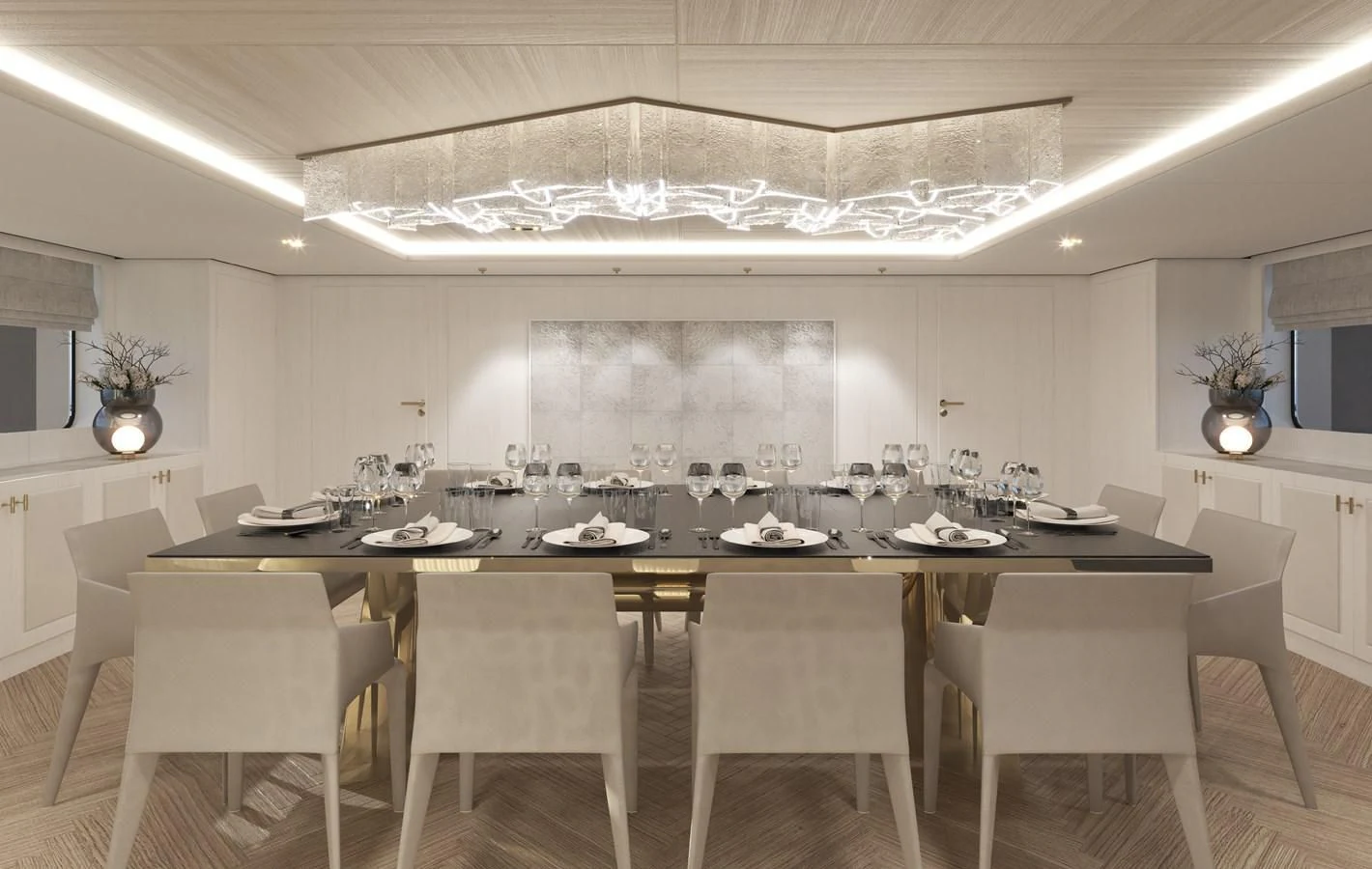 a large room with a table and chairs aboard 54M SUPERYACHT HULL Yacht for Sale