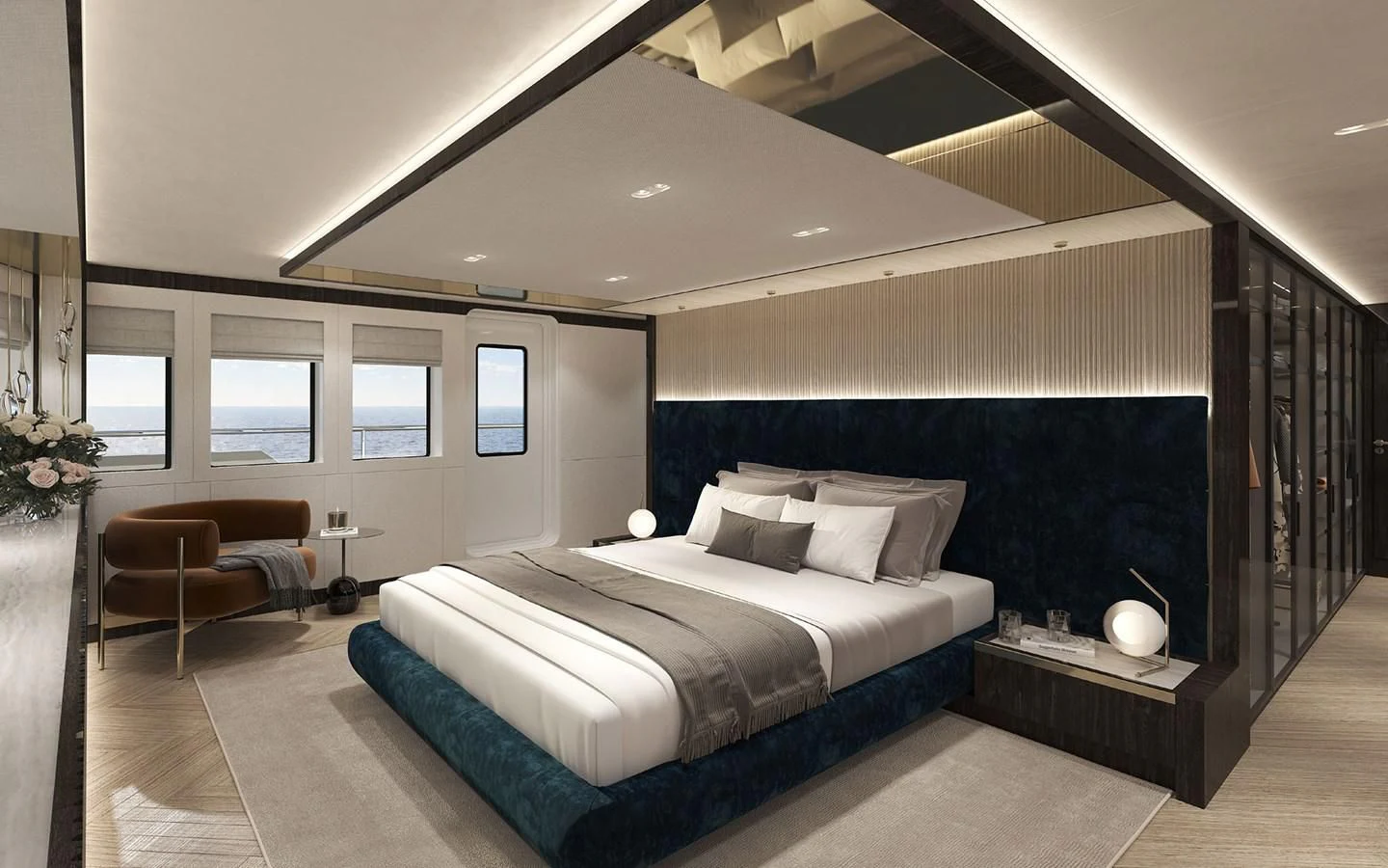 a large bedroom with a large bed aboard 54M SUPERYACHT HULL Yacht for Sale