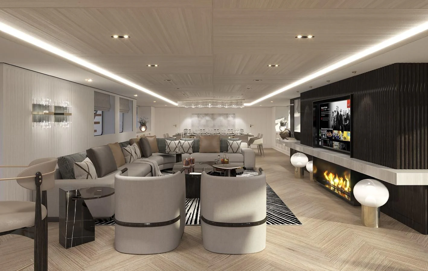 a living room with a large screen aboard 54M SUPERYACHT HULL Yacht for Sale