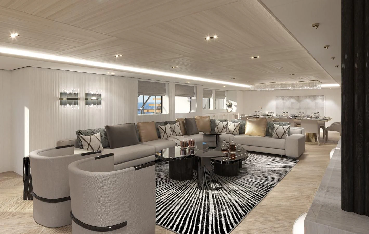 a living room with a large rug aboard 54M SUPERYACHT HULL Yacht for Sale