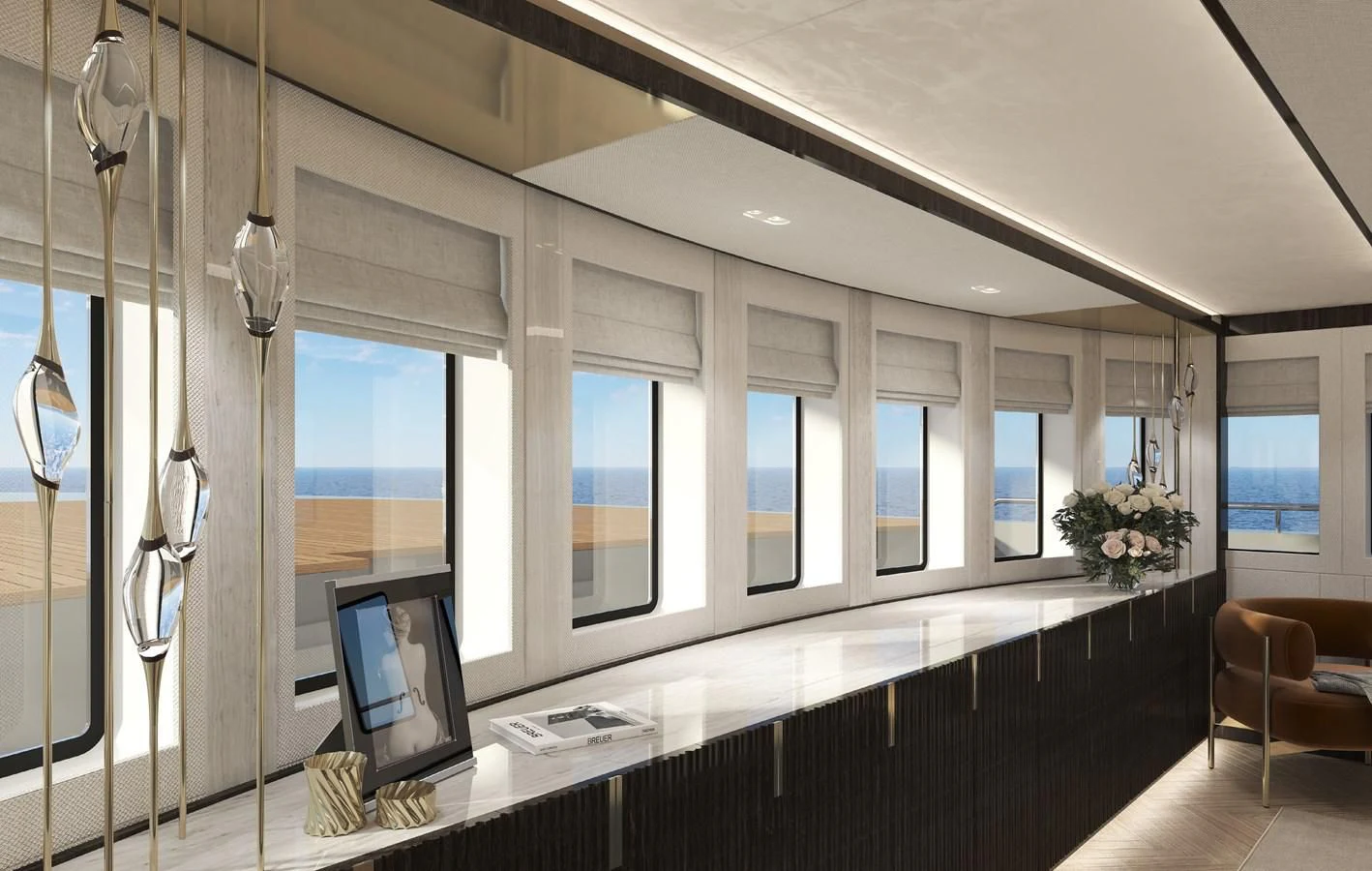 a room with a large window and a desk with a computer aboard 54M SUPERYACHT HULL Yacht for Sale