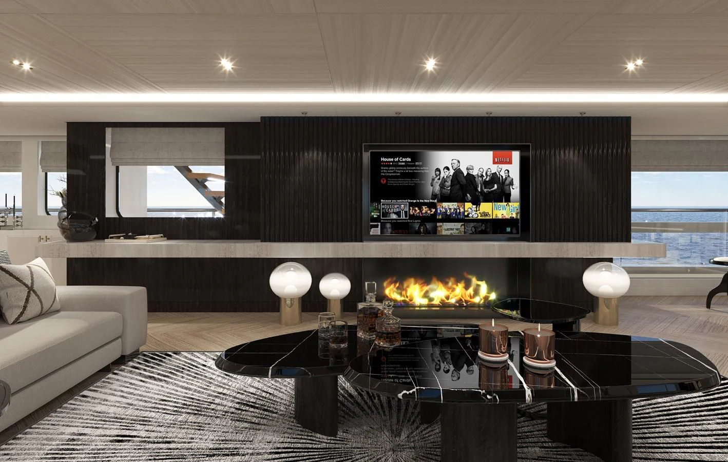 a living room with a fireplace aboard 54M SUPERYACHT HULL Yacht for Sale