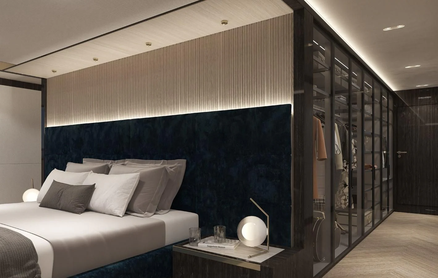 a modern bedroom with a black wall aboard 54M SUPERYACHT HULL Yacht for Sale