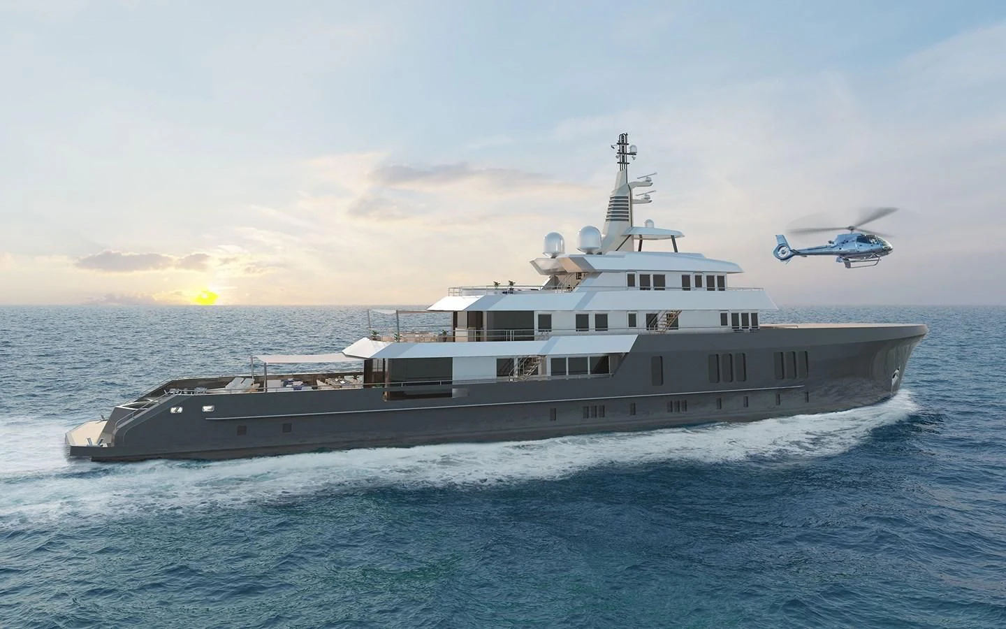 a helicopter flying over a ship aboard 54M SUPERYACHT HULL Yacht for Sale