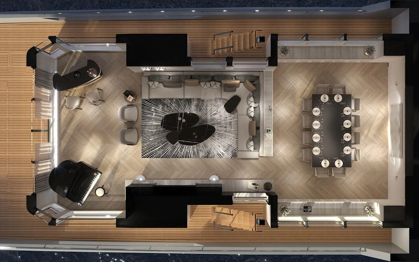 a wood paneled wall with a black circle and a black circle on it aboard 54M SUPERYACHT HULL Yacht for Sale