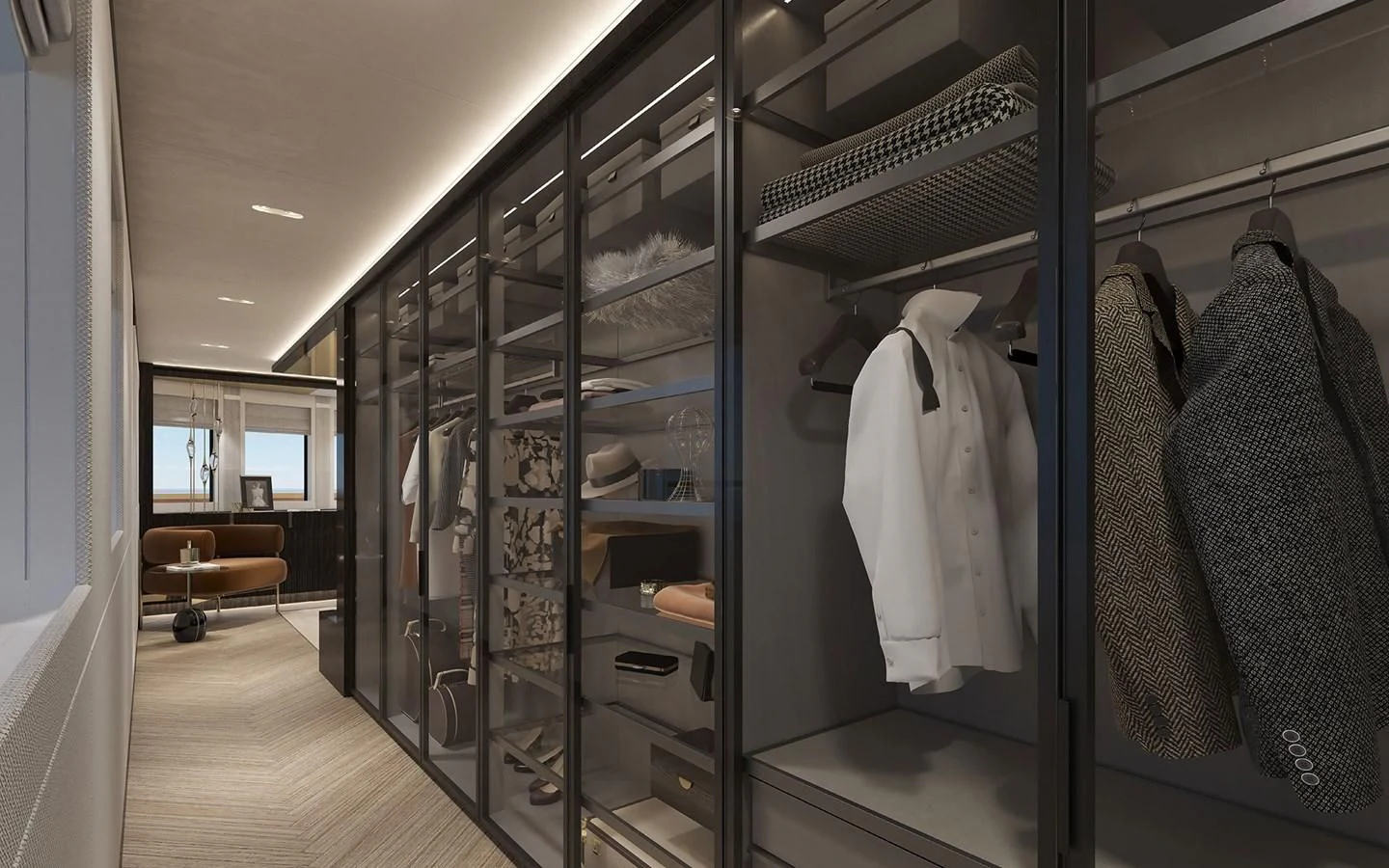 a room with a rack of clothes aboard 54M SUPERYACHT HULL Yacht for Sale