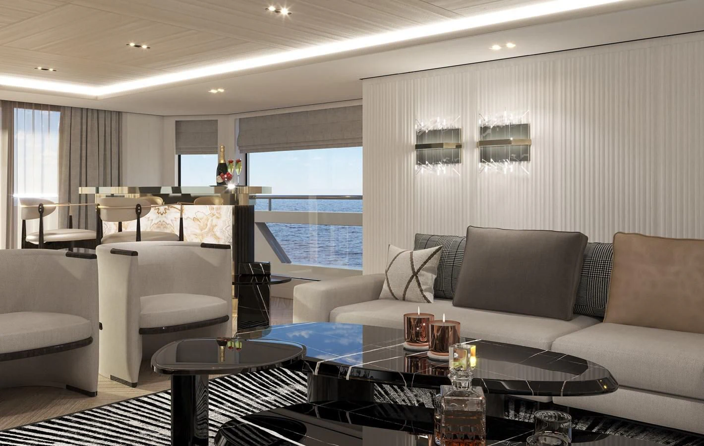 a living room with a large window aboard 54M SUPERYACHT HULL Yacht for Sale