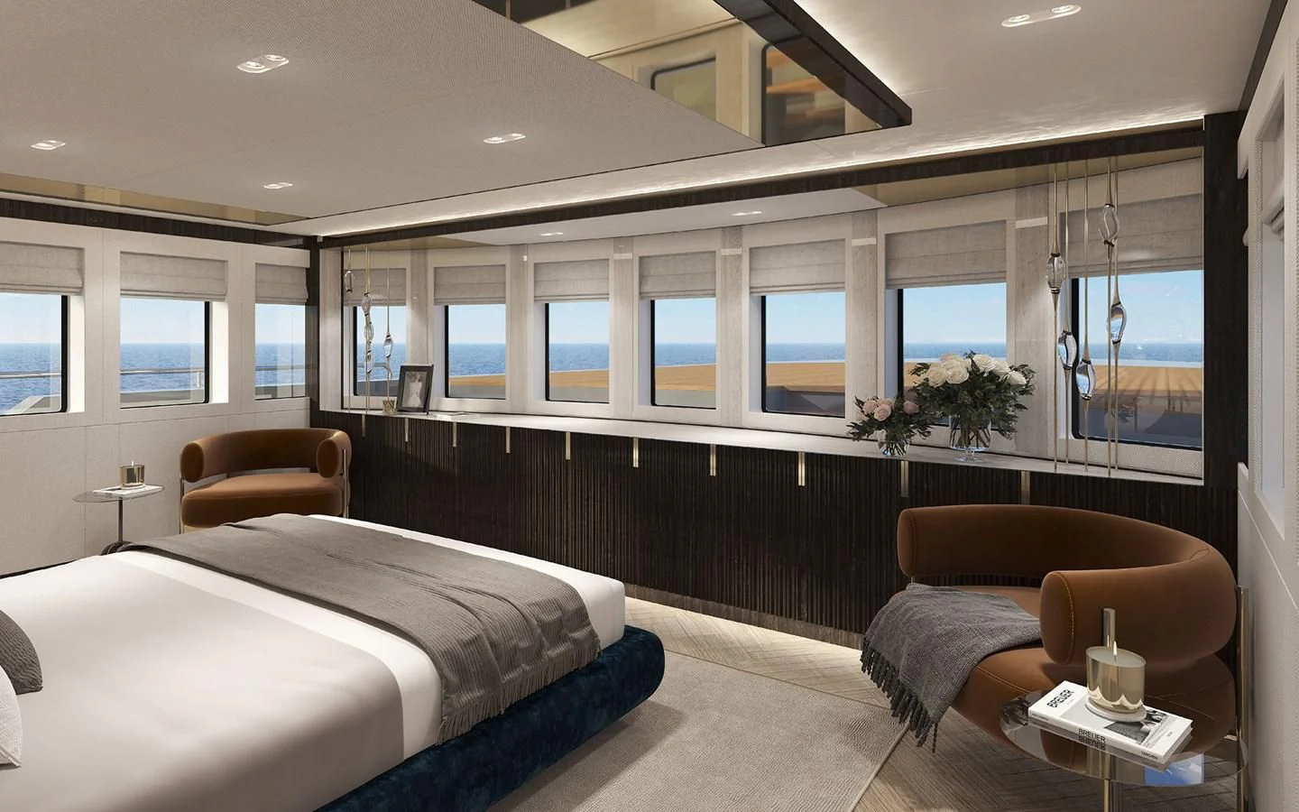 a room with a bed and a chair aboard 54M SUPERYACHT HULL Yacht for Sale