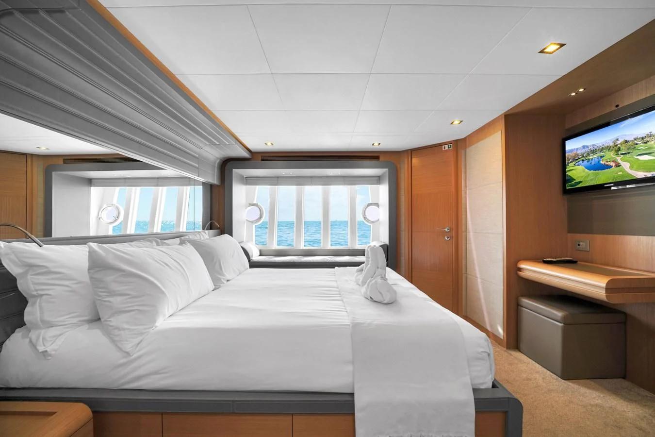 a bed in a room aboard FERRETTI YACHTS F800 Yacht for Sale