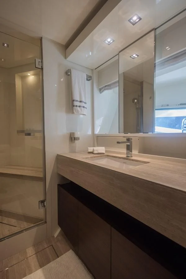 a bathroom with a large mirror aboard ELLIE JAMES Yacht for Sale
