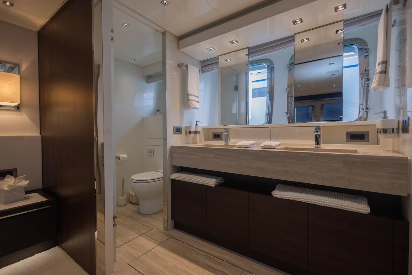 a bathroom with a large mirror aboard ELLIE JAMES Yacht for Sale
