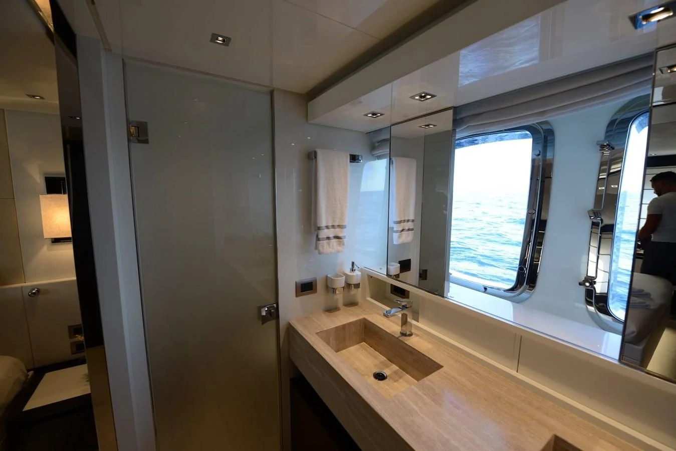 a bathroom with a large mirror aboard ELLIE JAMES Yacht for Sale