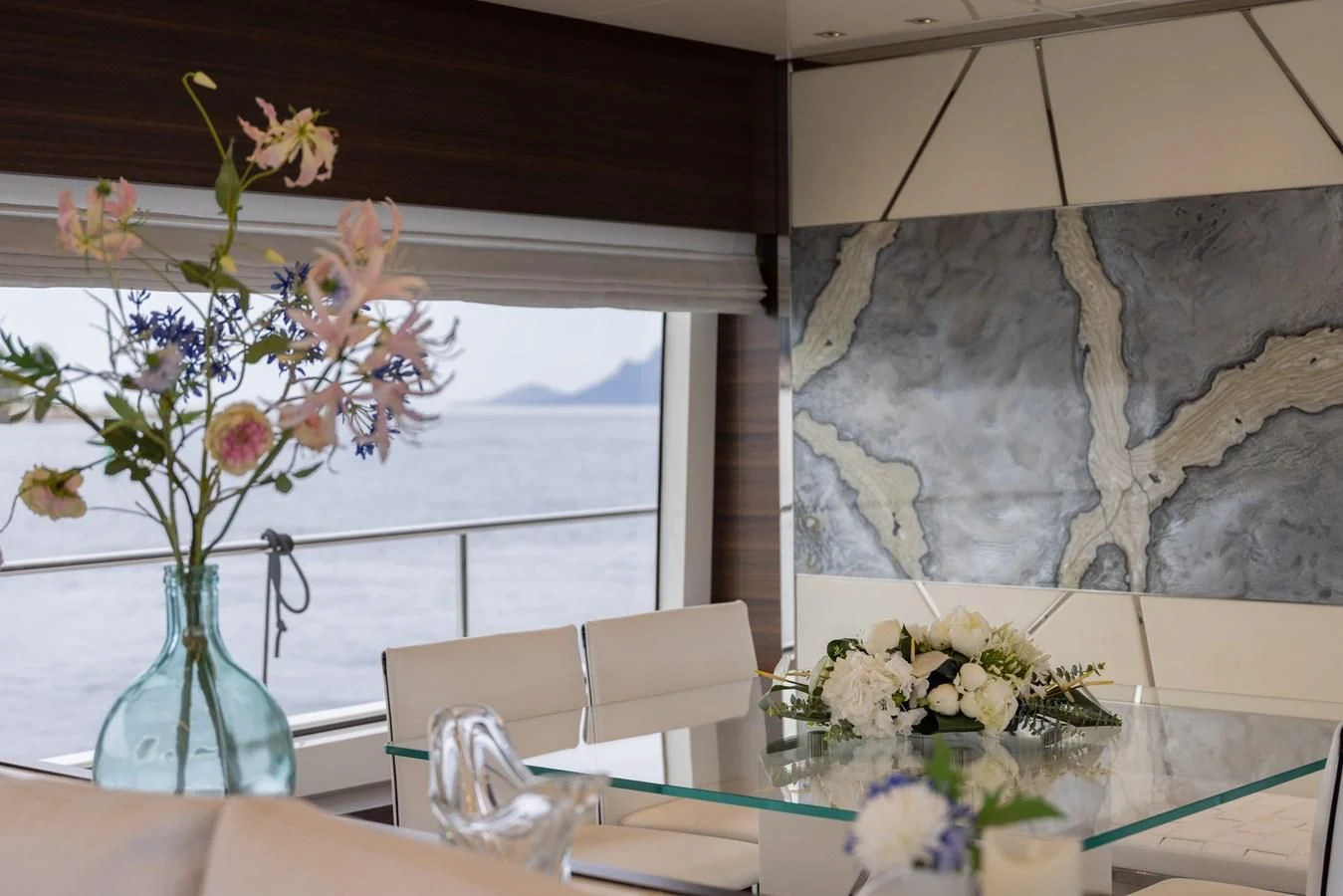 a vase of flowers on a table aboard ELLIE JAMES Yacht for Sale