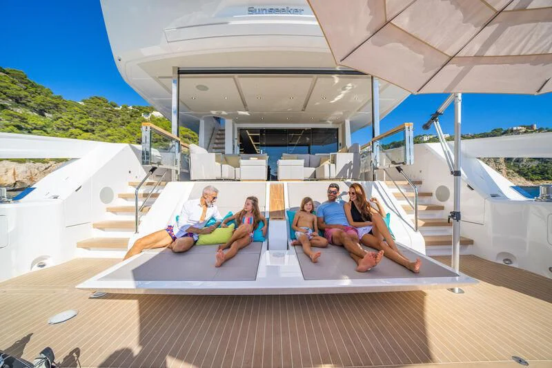 a group of people sitting on a boat aboard BANDAZUL Yacht for Sale