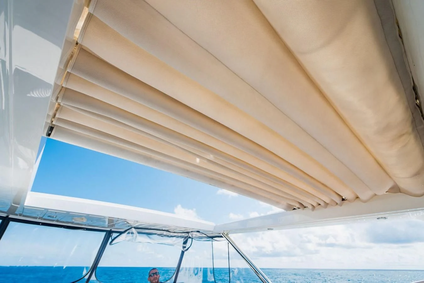 a white tent with a white ceiling aboard SEA-ZAR Yacht for Sale