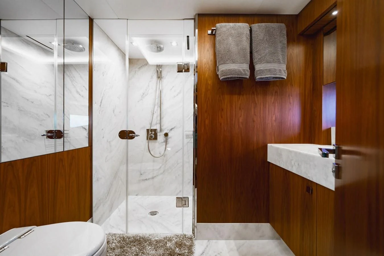 a bathroom with a shower unit aboard SEA-ZAR Yacht for Sale