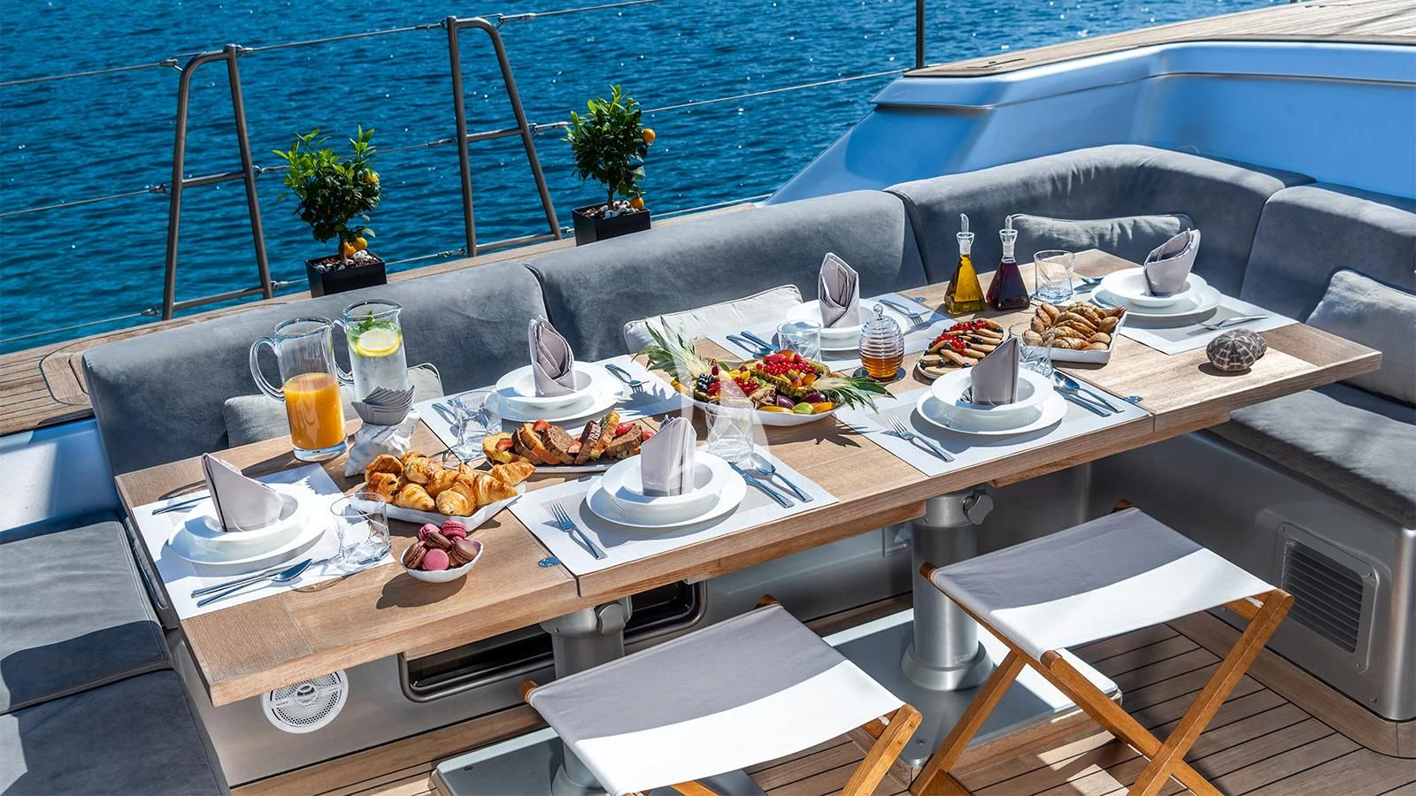 a table with food on it aboard BLACK LION Yacht for Sale