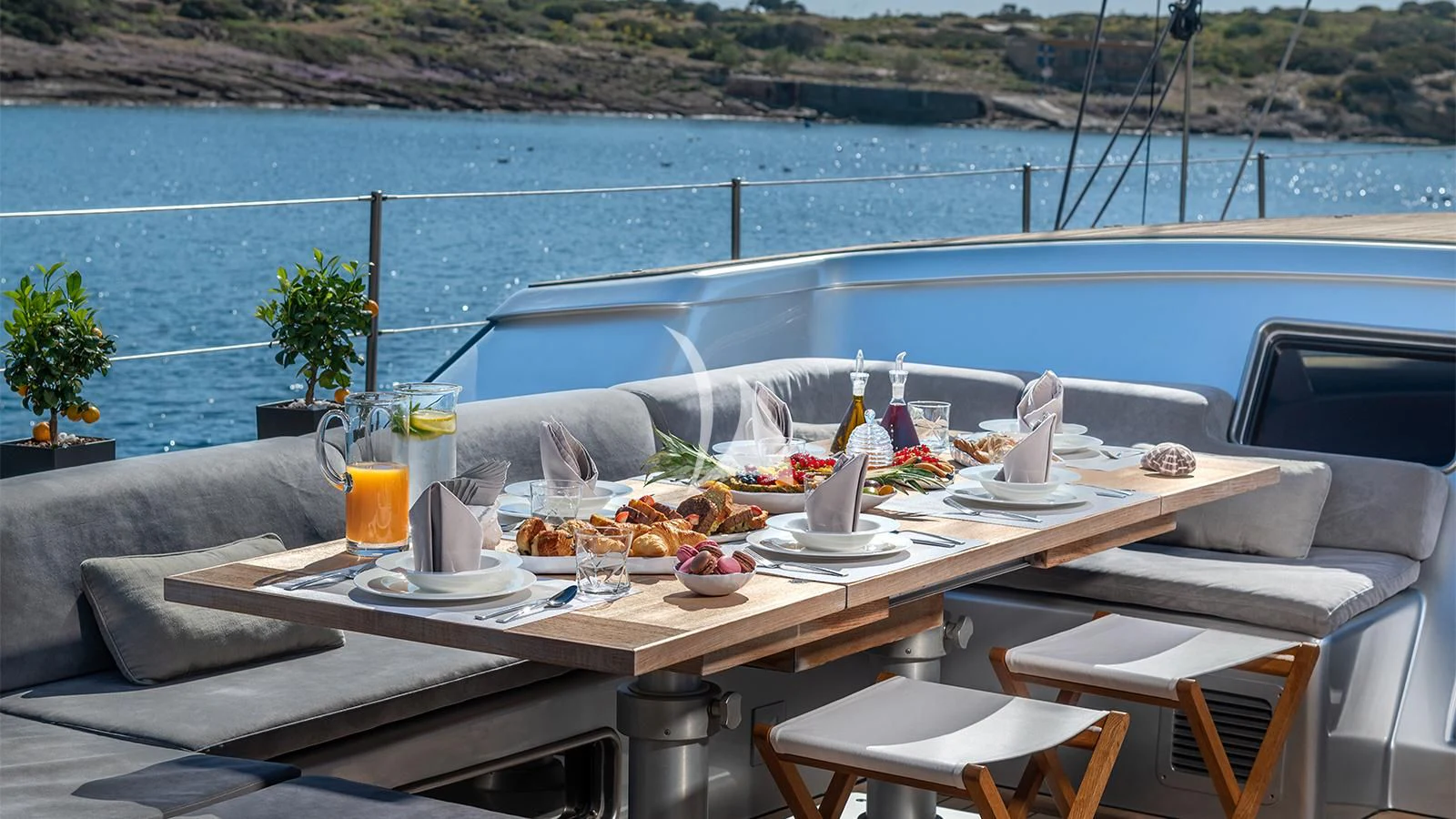 a table with food on it aboard BLACK LION Yacht for Sale
