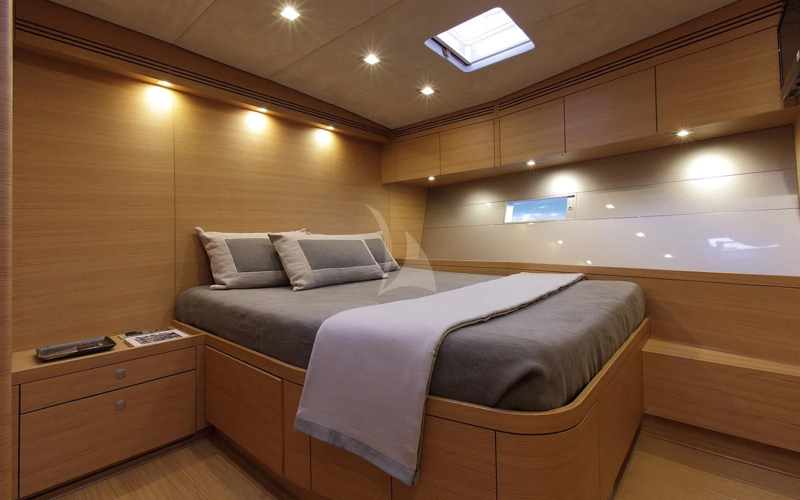 a bed in a room aboard BLACK LION Yacht for Sale