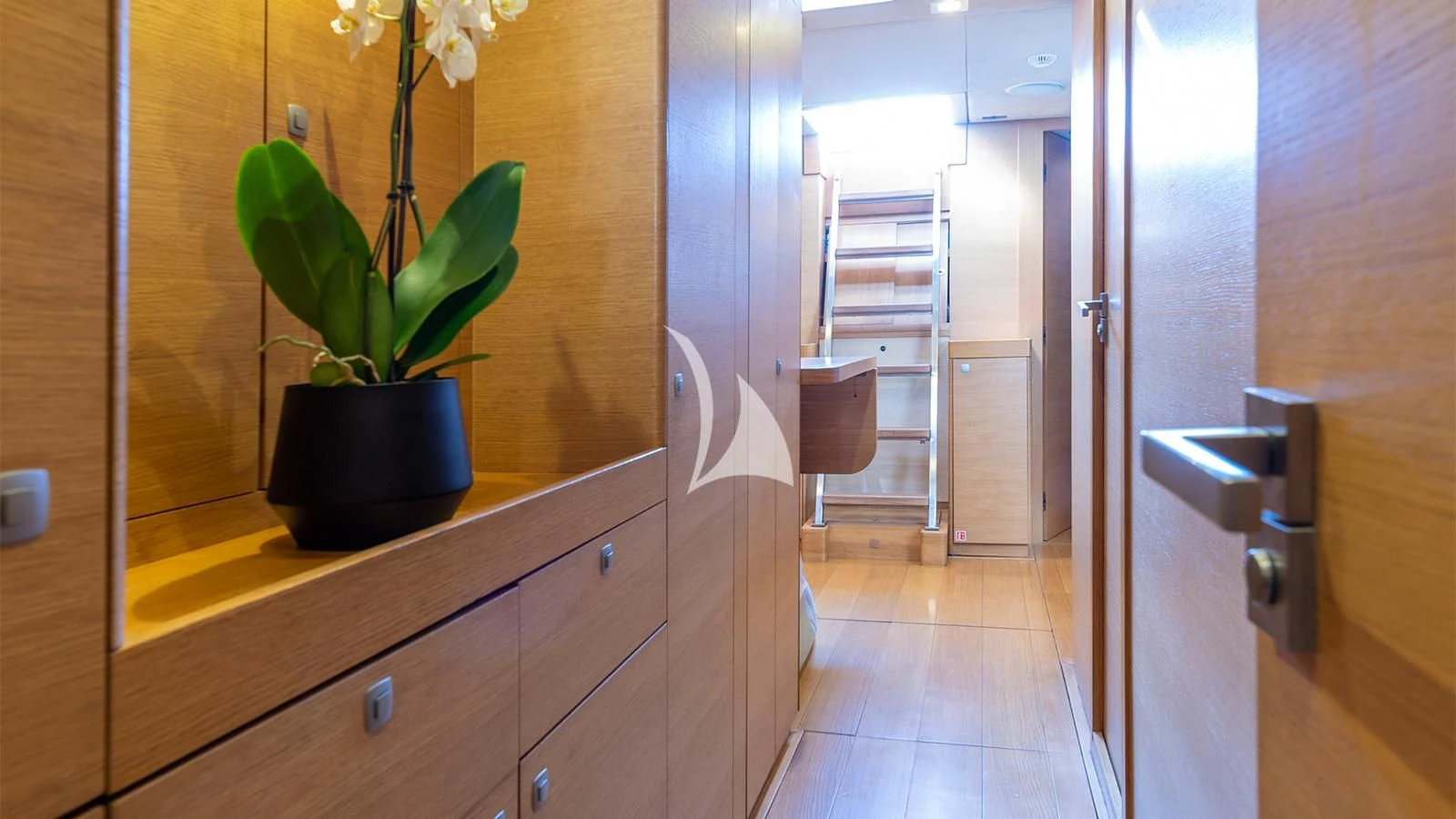 a plant in a pot on a counter in a bathroom aboard BLACK LION Yacht for Sale