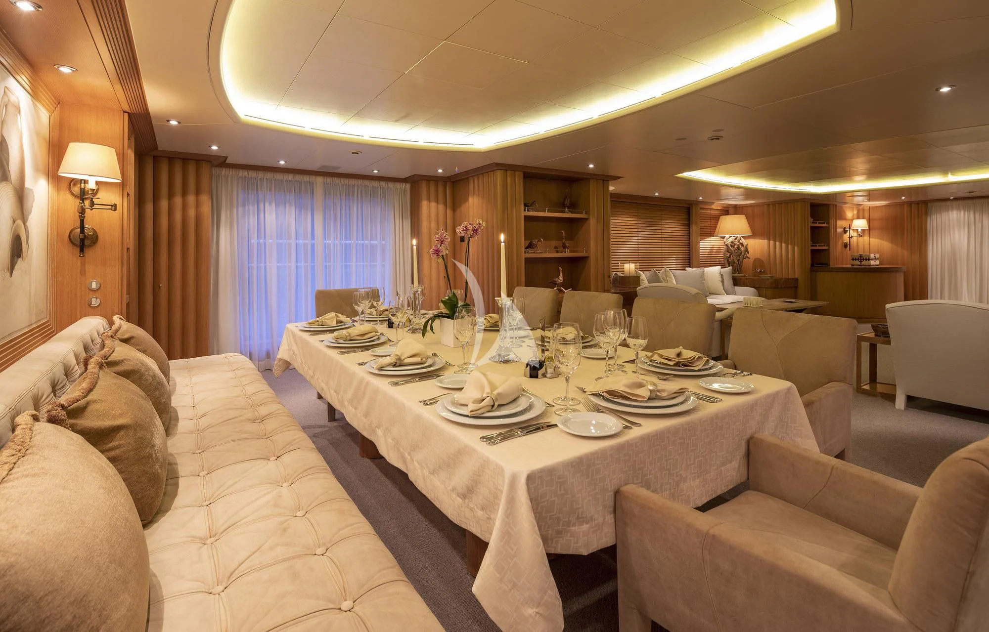 a dining room with a large table aboard ALEXANDRA Yacht for Charter