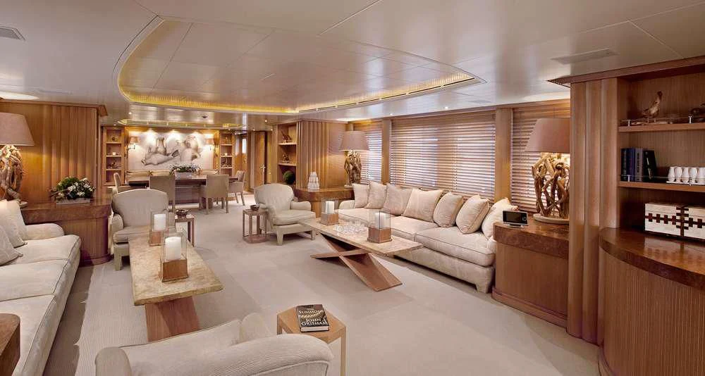 a living room with a large window aboard ALEXANDRA Yacht for Charter