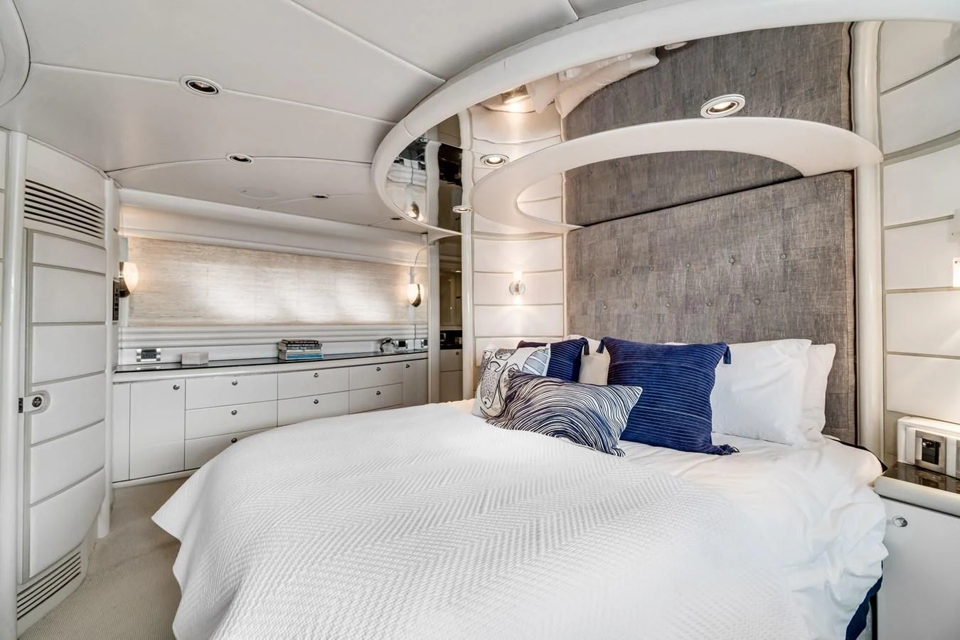 a bed in a room aboard UNDAUNTED Yacht for Sale