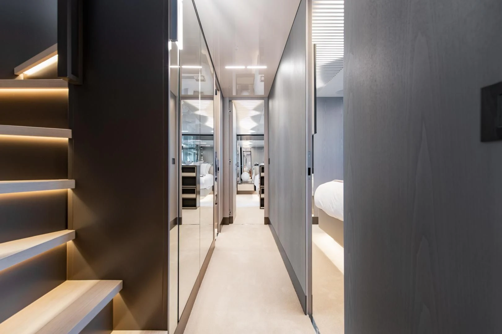 a hallway with doors aboard ISLA MARIE Yacht for Sale