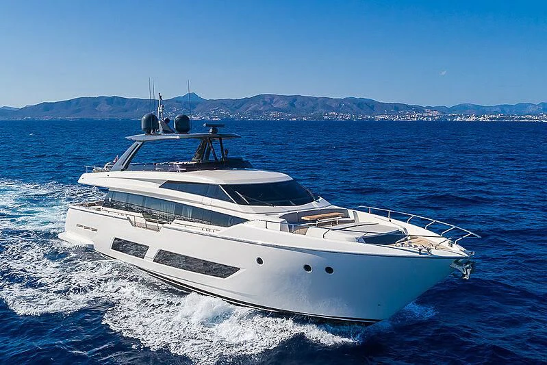 a white yacht on the water aboard ISLA MARIE Yacht for Sale