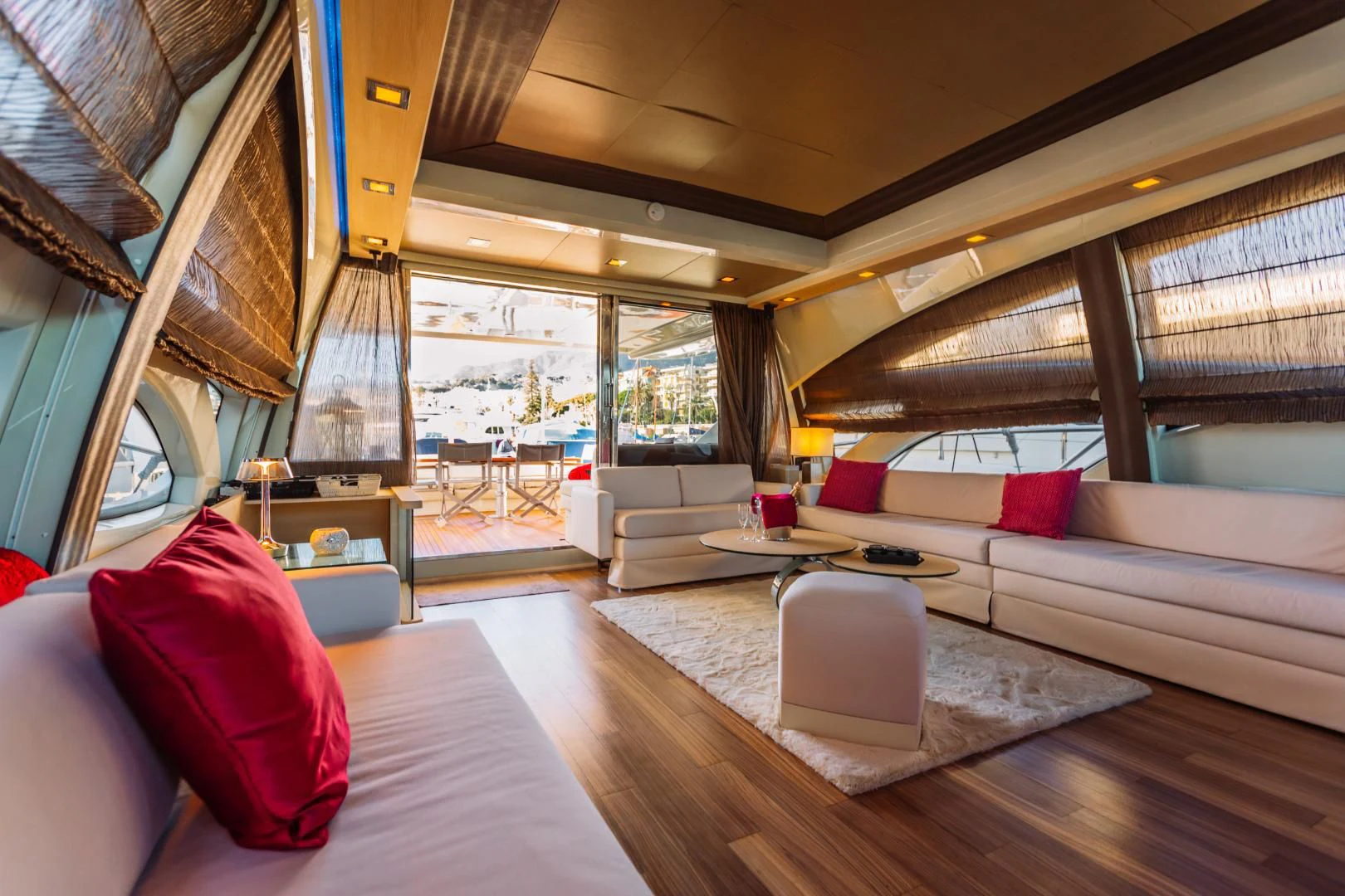 a living room with a large window aboard NAMI Yacht for Sale