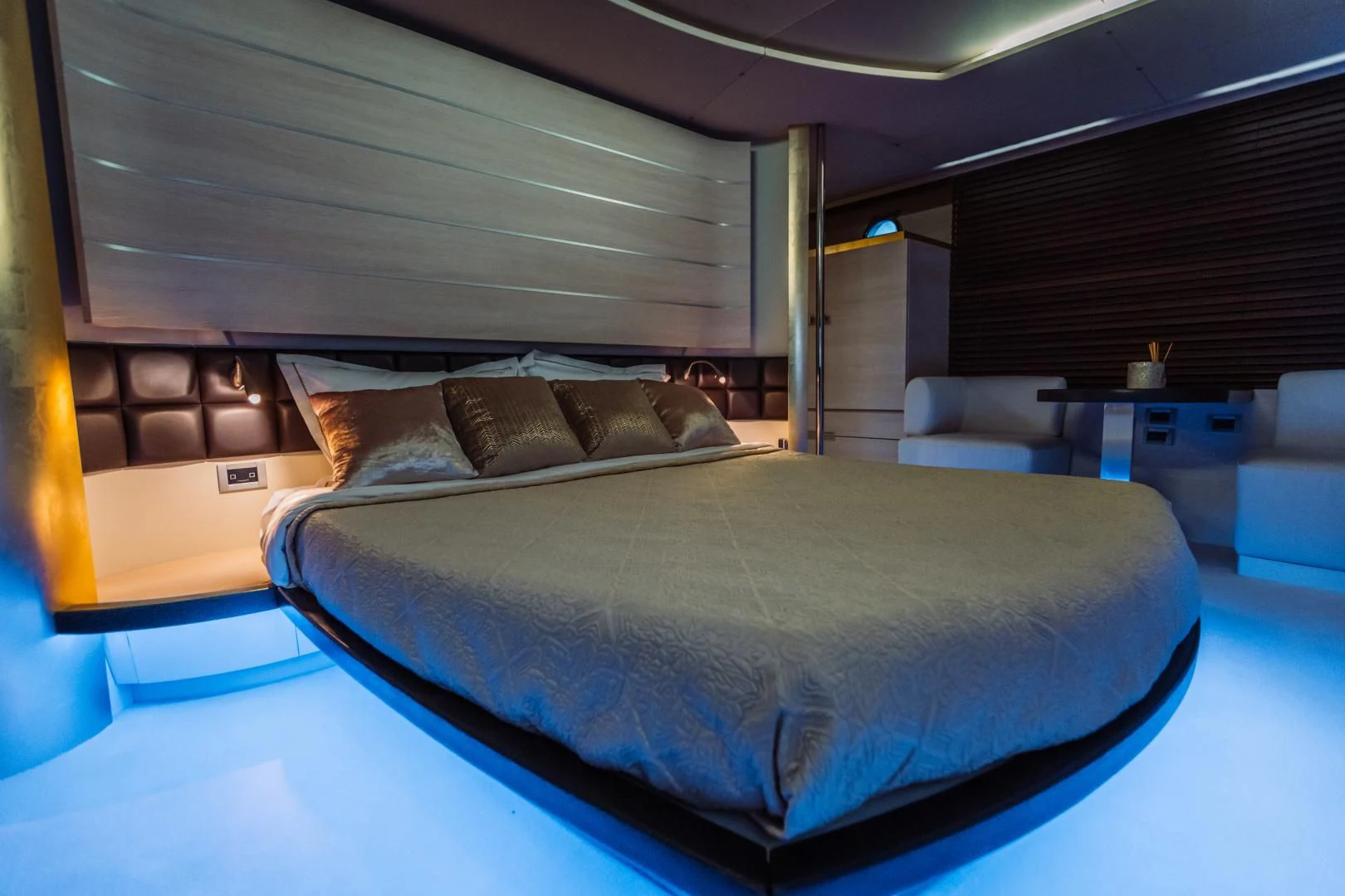 a bed in a room aboard NAMI Yacht for Sale
