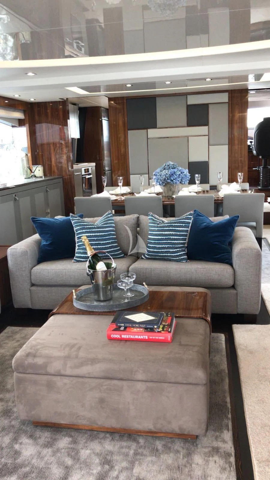 a living room with a couch and coffee table aboard BLUE INFINITY Yacht for Sale