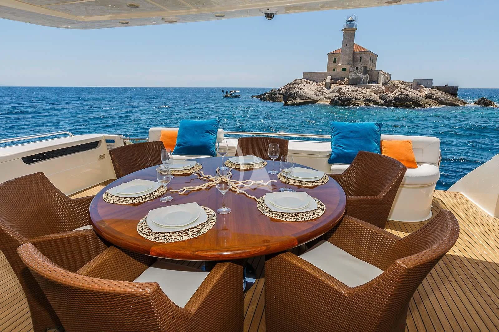 a table set for a meal on a boat aboard MISS KATARIINA Yacht for Sale