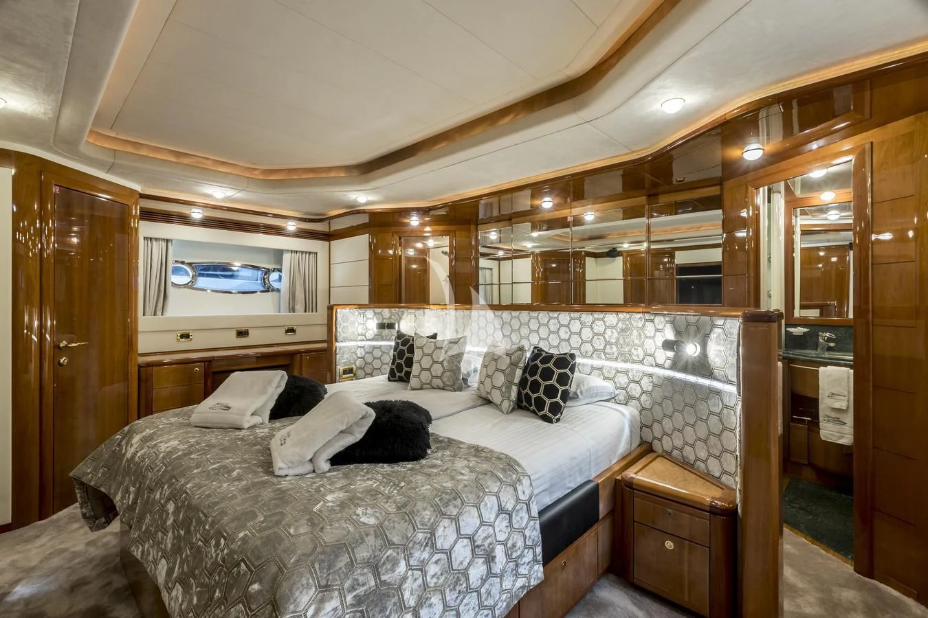 a bed in a room aboard MISS KATARIINA Yacht for Sale